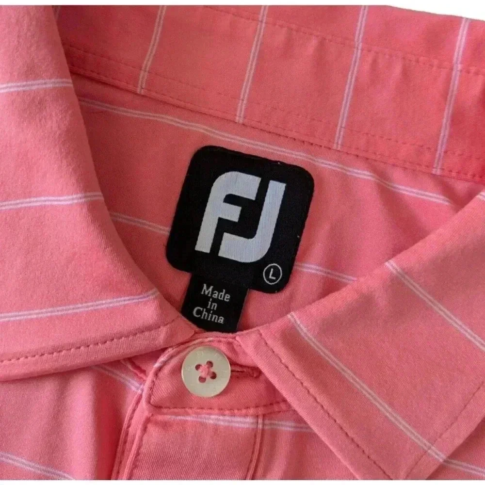 Footjoy Bright Coral Pink White Striped Polo Short Sleeve Shirt Large Wicking